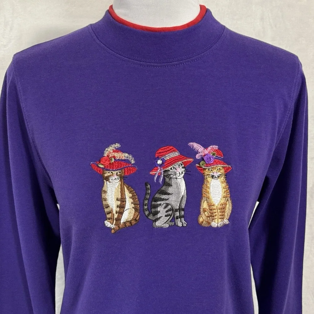 Vintage Cat Lady Mock Neck Sweatshirt Top Size M Crop Purple Red Hat Society 90s - Picture 2 of 13